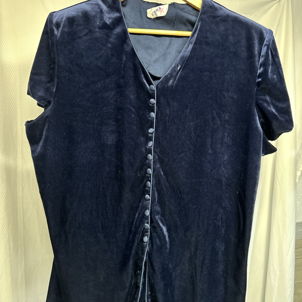 Vintage Med Navy Blue Velvet Button Front Short Sleeve Top Women Size medium